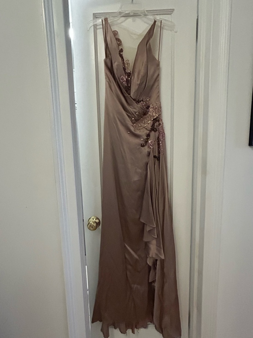 Alberto Makali Taupe Evening Gown with Sequined Embellishment